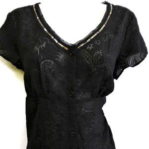 First Issue Liz Claiborne Blouse Black Paisley Sequin V-Neck Short Sleeves M